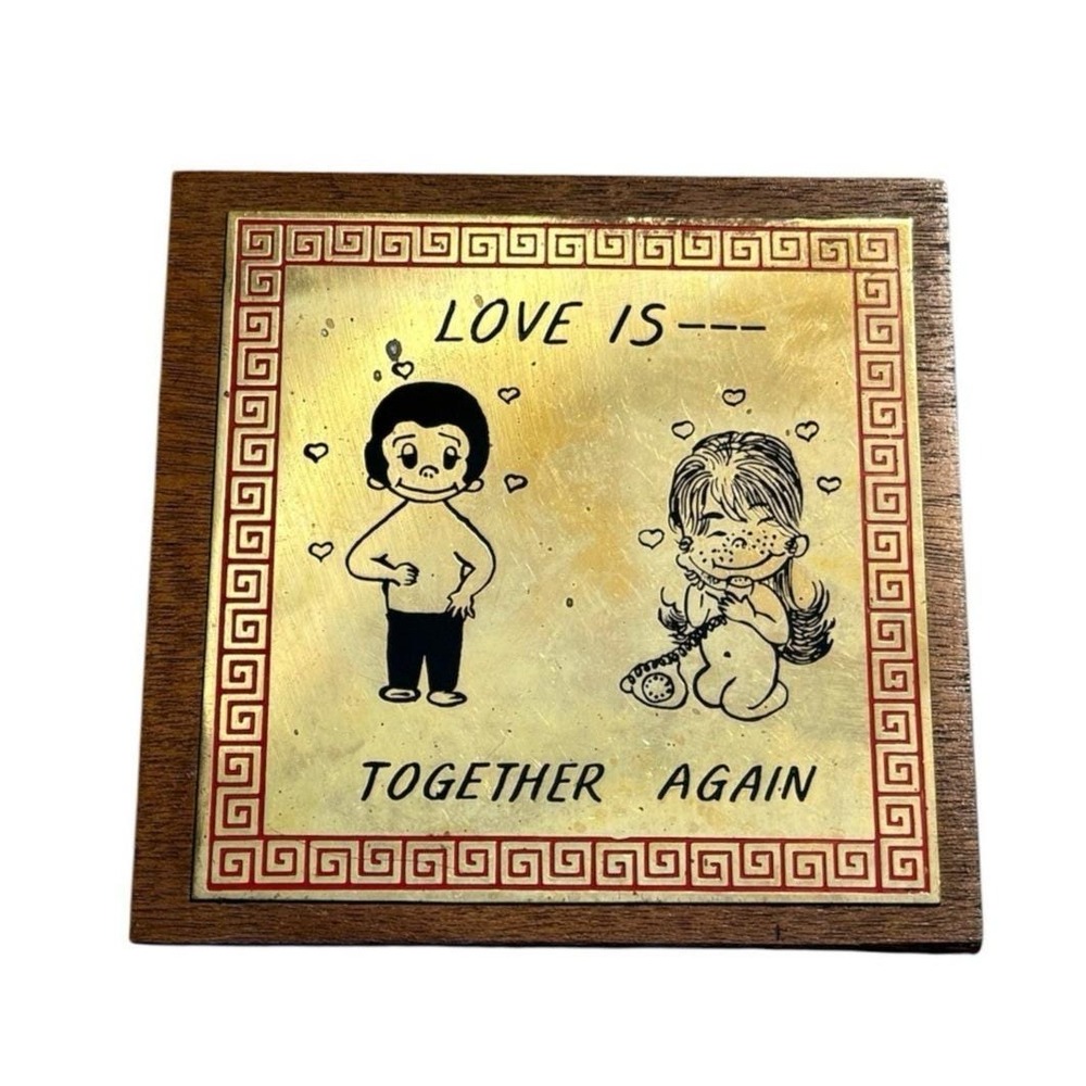 Vintage‎ 1970s Love Is Together Again Wooden Wall Plaque 7"x7"